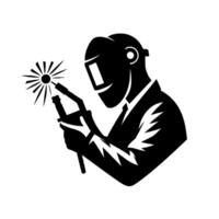 Silhouette of a welder in protective gear, arc welding, with a burst of light and sparks erupting from the welding torch, against a white background. vector