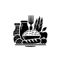 Monochromatic illustration of a healthy meal composition, featuring fruits, vegetables, and dairy elements, emphasizing minimalism. vector