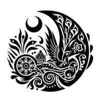 Intricate black and white tattoostyle featuring a bird, crescent moon, floral elements, and ornate geometric patterns. vector
