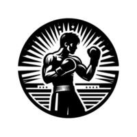 Silhouette of a muscular boxer in a ready stance, within a circular emblem featuring radiating lines and star accents. vector