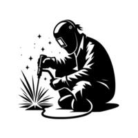 A squatting welder in silhouette, sparks flying, expertly fusing metal with a welding torch, under a shower of starlike sparks, industrialchic style. vector