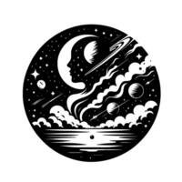 Serene celestial silhouette a moonlit face merging with starry cosmos, reflecting upon tranquil waters within a circular frame. vector