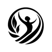 Silhouette of a person with arms outstretched surrounded by leaves and stylized curved lines, encapsulated within a circle, signifying growth and vitality. vector