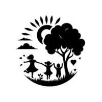 A silhouette of a family, embracing joy, dancing in nature beneath a stylized sun, tree, and hearts, conveying happiness and togetherness in a simple, elegant design. vector