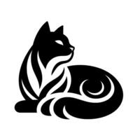 Elegant black cat silhouette with intricate ornamentation, reclining against a pure white backdrop, evoking a sense of grace and simplicity. vector