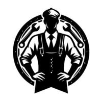 Silhouetted mechanic with spanners in a circle, displaying hands on hips, wearing overalls, a flat cap, and a tie, black and white logo. vector