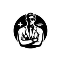 Monochromatic of a doctor in lab coat and tie, within a circle with cross and lines, embodying professional care. vector