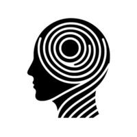 A stylized silhouette of a human head, showcasing the minds inner workings with concentric circular patterns within the skull. vector