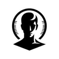 Stylized monochrome portrait of a man, enclosed in a circular frame, with geometric lines and a bold, aesthetic. vector