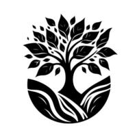 A stylized black and white illustration of a tree encapsulated within a circle, featuring lush foliage and flowing lines suggesting a natural environment and harmony. vector