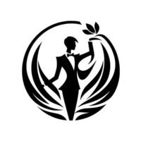 Elegant silhouette of a gentleman in a tuxedo holding a leafy flourish within a stylized circular frame, evoking sophistication and refined nature. vector
