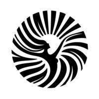 Silhouette of a woman with flowing hair and outstretched arms, forming a dynamic black and white spirallike composition on a clean white background. vector