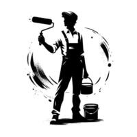 Silhouette of a painter with roller and buckets, set against a swirling abstract background, artistic, bold, and classic. vector