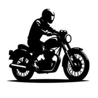 Silhouette of a motorcyclist riding a classic cruiser, rendered in bold black against a stark white background, capturing motion. vector