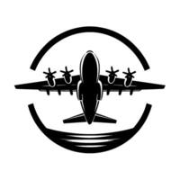 Overhead silhouette of a fourengine turboprop aircraft, depicted within a stylized circular frame, emphasizing bold lines and a minimalist design. vector