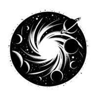 A swirling, monochrome cosmic vortex encircling celestial bodies, including planets with rings and moons, against a starry black backdrop. vector