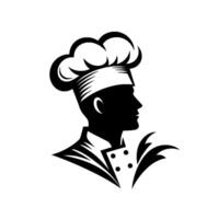 Silhouette of a chef wearing a tall toque, culinary professional facing right, showcasing a classic chefs uniform and stylized decorative elements. vector