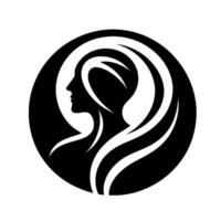Elegant silhouette of a woman in a circular frame, showcasing graceful lines and fluid hair strands, modern and minimalist design. vector