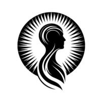 Silhouette of a human profile emanating energy within a circular burst, embodying inner strength and enlightenment. vector