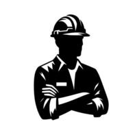 Silhouette of a construction worker wearing a hardhat and crossed arms, set against a white circle background, symbolizing industry and expertise. vector