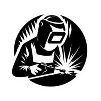 A bold black and white illustration depicting a welder, in a helmet, sparks flying, centered within a circular frame on a white background. vector
