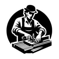 A black and white illustration depicting a carpenter wearing a hat and apron, hammering a nail into wood, within a circular frame vector