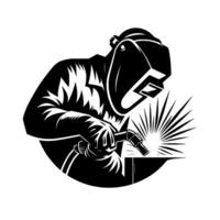 Silhouette of a welder in protective gear, using a welding torch, producing sparks, presented within a circular frame, emphasizing metalwork. vector
