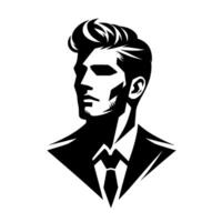 Stylish black and white illustration of a suave man in a suit, showcasing geometric shapes and defined lines. vector