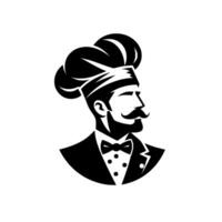 Silhouette of a distinguished chef with a large hat, mustache and bow tie, exuding culinary expertise and elegance in black and white art. vector