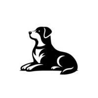 A minimalist black and white of a reclining dog with its head raised, showcasing clean lines and positivenegative space. vector