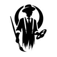 Silhouette of a dapper artist with a hat, holding a paintbrush and palette, enclosed by a semicircular frame, in a bold, monochromatic style. vector