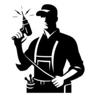A stylized silhouette of a carpenter, wearing overalls and a cap, holding a drill and a measuring tool, ready for work in a stark black and white design. vector