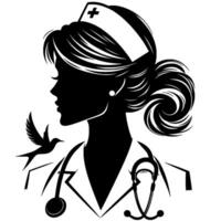 Silhouette of a nurse profile with a bird in flight, embodying compassion, and healthcare, featuring stethoscope. vector