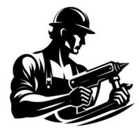 Silhouetted construction worker in hard hat, holding a glue gun, focused on a precision task. vector