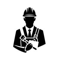 Silhouette of a builder holding tools a stylized, monochrome representation of a construction worker, wearing a hard hat and carrying brushes. vector