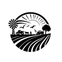 Monochromatic rural scene farm silhouette featuring a windmill, tractor, cow, farmer, and a tree, encircled by a sunburst within a circular frame. vector