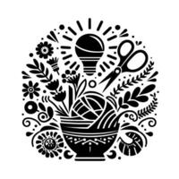 A black and white folk art illustration an illuminated lightbulb, knitting yarn, scissors, and floral embellishments composed within a circular decorative frame. vector