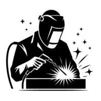 Silhouette of a welder in protective gear, welding metal with sparks and a starshaped accent, in a minimalist black and white style. vector