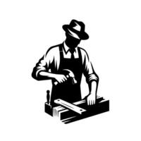 A silhouetted craftsman wearing a hat and apron, meticulously hammering nails into wood, symbolizing traditional carpentry and skill. vector
