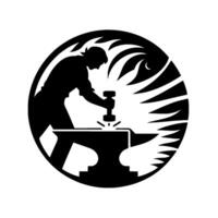 Silhouetted blacksmith working at the anvil under a night sky, hammering and creating sparks within a circular decorative frame. vector