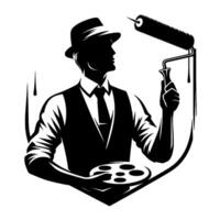 A dapper, silhouetted painter in a fedora and vest, poised with a paint roller and palette within a stylized shield frame. vector