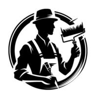 Silhouetted painter with roller and brush inside a circular frame a decorative emblem representing professional home improvement and services. vector
