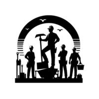 Silhouette of construction team a strong leader stands above, supported by dedicated workers, with tools, and a symbolic sunrise. vector