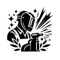 A stylized black and white illustration featuring a welder in a protective helmet, sparks emanating, with decorative starbursts and floral elements. vector