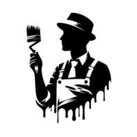 A silhouette of a painter in a hat and overalls, holding a brush, with paint dripping down. vector