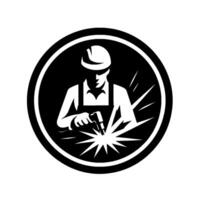 A stylized, black and white circular emblem depicting a welder in action, with a helmet and apron, using a welding torch, creating bright starbursts. vector