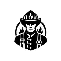 Bold, black and white illustration of a firefighter in uniform, with a helmet displaying flames, encircled by fire icons, showcasing bravery and service. vector