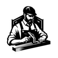A stylized, black and white illustration of a bearded carpenter in overalls and a cap, meticulously hammering a piece of wood, framed by a shieldlike emblem. vector