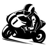 Dramatic black and white illustration of a motorcycle racer leaning into a turn, showcasing speed and precision. vector