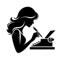 Silhouette of a woman with flowing hair writing with a pen over a vintage typewriter, creating a timeless, artistic depiction of authorship. vector
